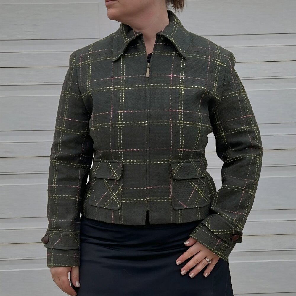Vintage Plaid with Brass Details Jacket Blazer • Size 12 • Green Pink Tweed